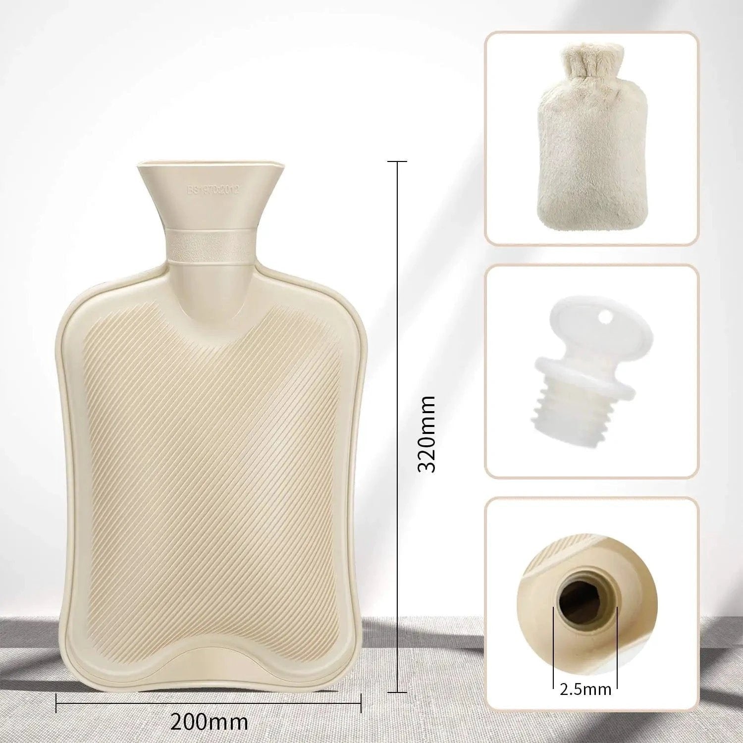 Hot Water Bottle Bag Removable Plush Cover Ribbed Rubber Warm - Image 2