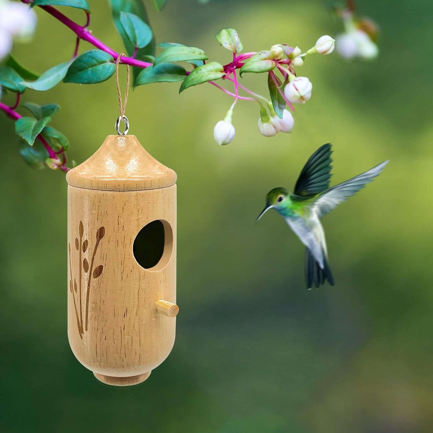 Hummingbird House Wooden Nesting Box Mini Carved Hanging Garden Outdoor - Image 1