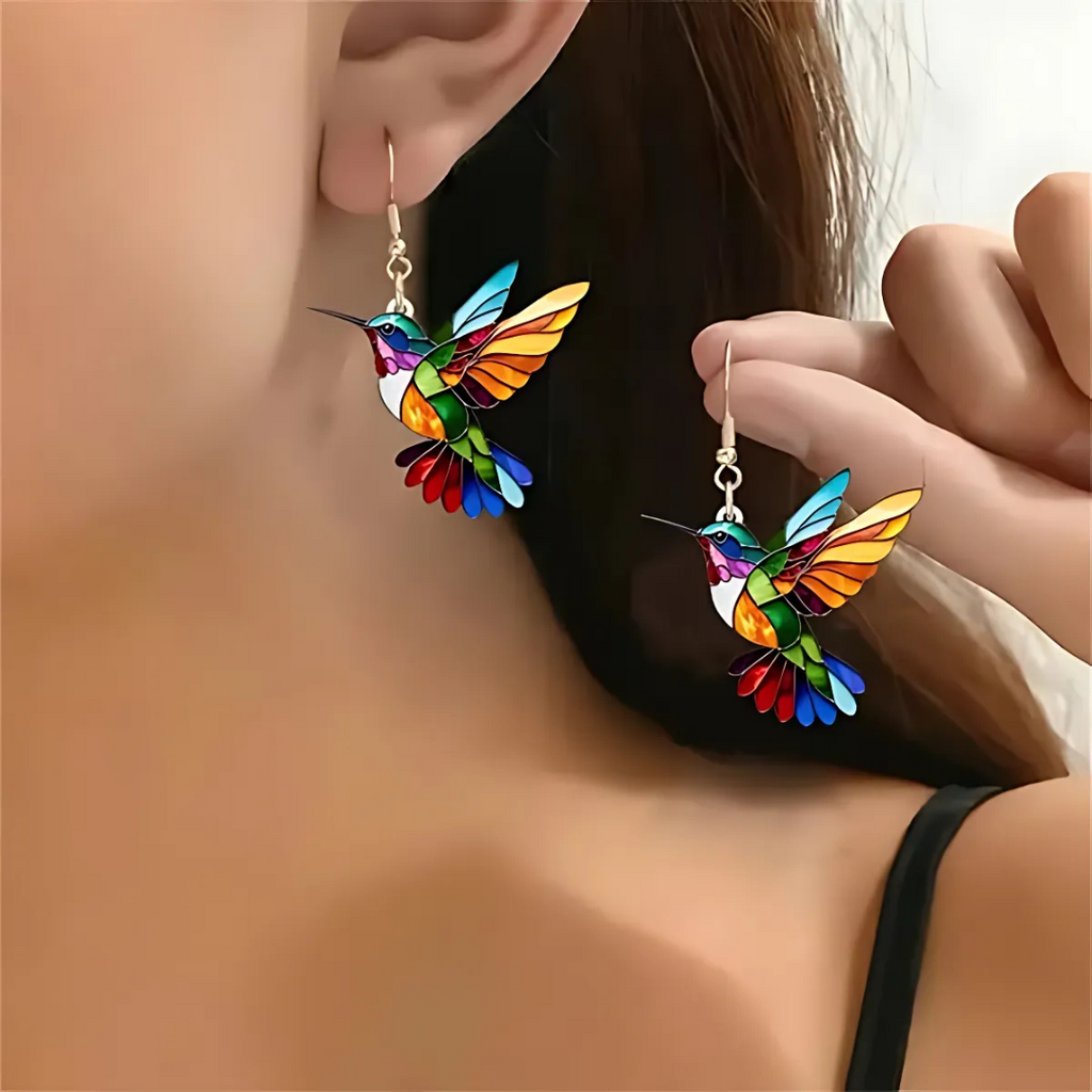 Hummingbird Necklace with Earrings Colorful Gold Pendant Metal Chain Jewelry Set - Image 2