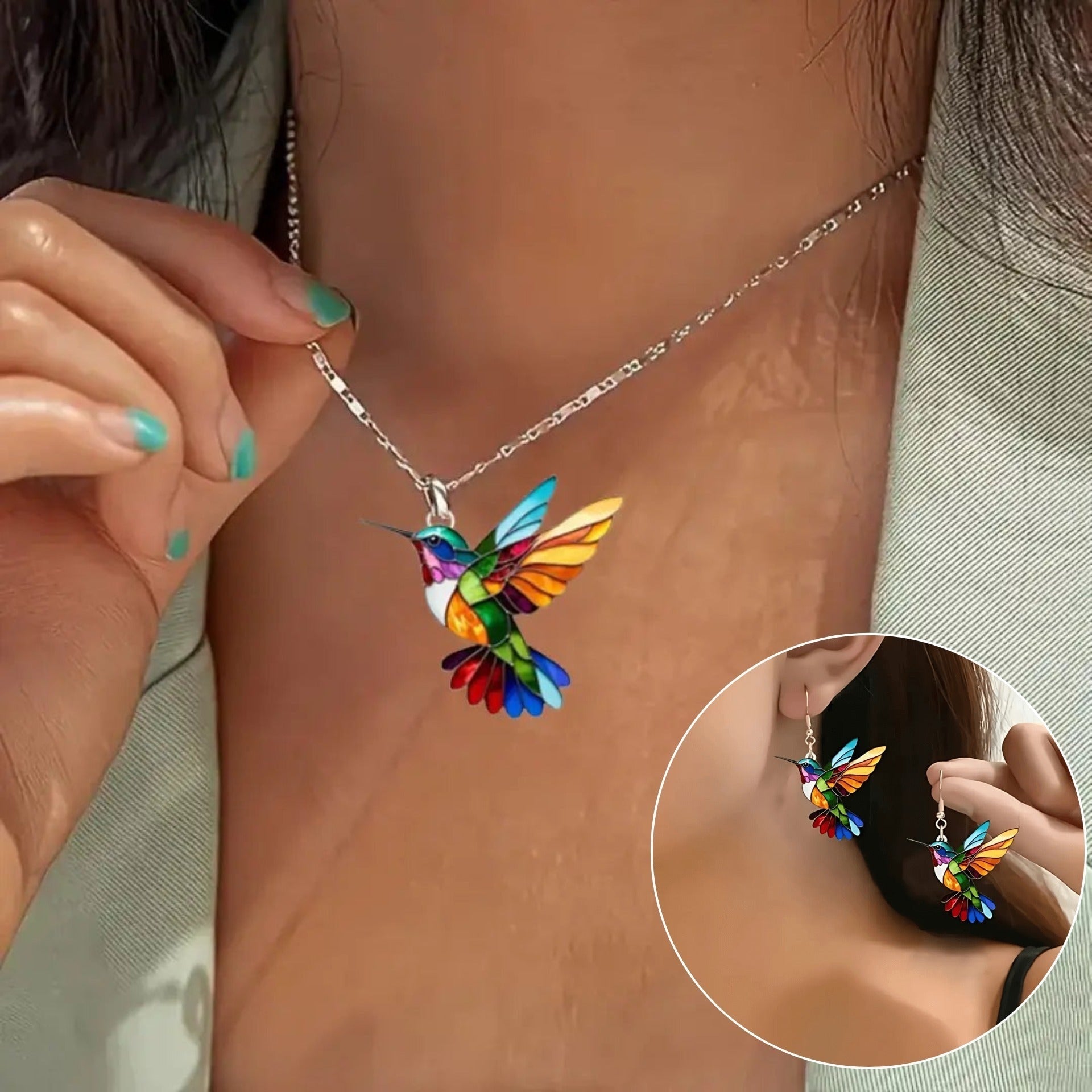 Hummingbird Necklace with Earrings Colorful Gold Pendant Metal Chain Jewelry Set - Image 3