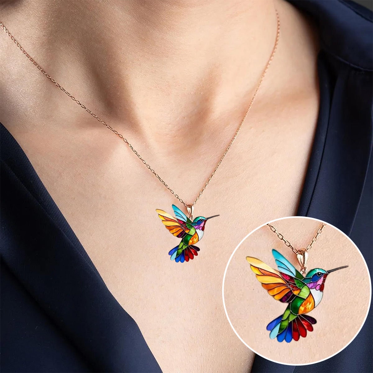 Hummingbird Necklace with Earrings Colorful Gold Pendant Metal Chain Jewelry Set - Image 4