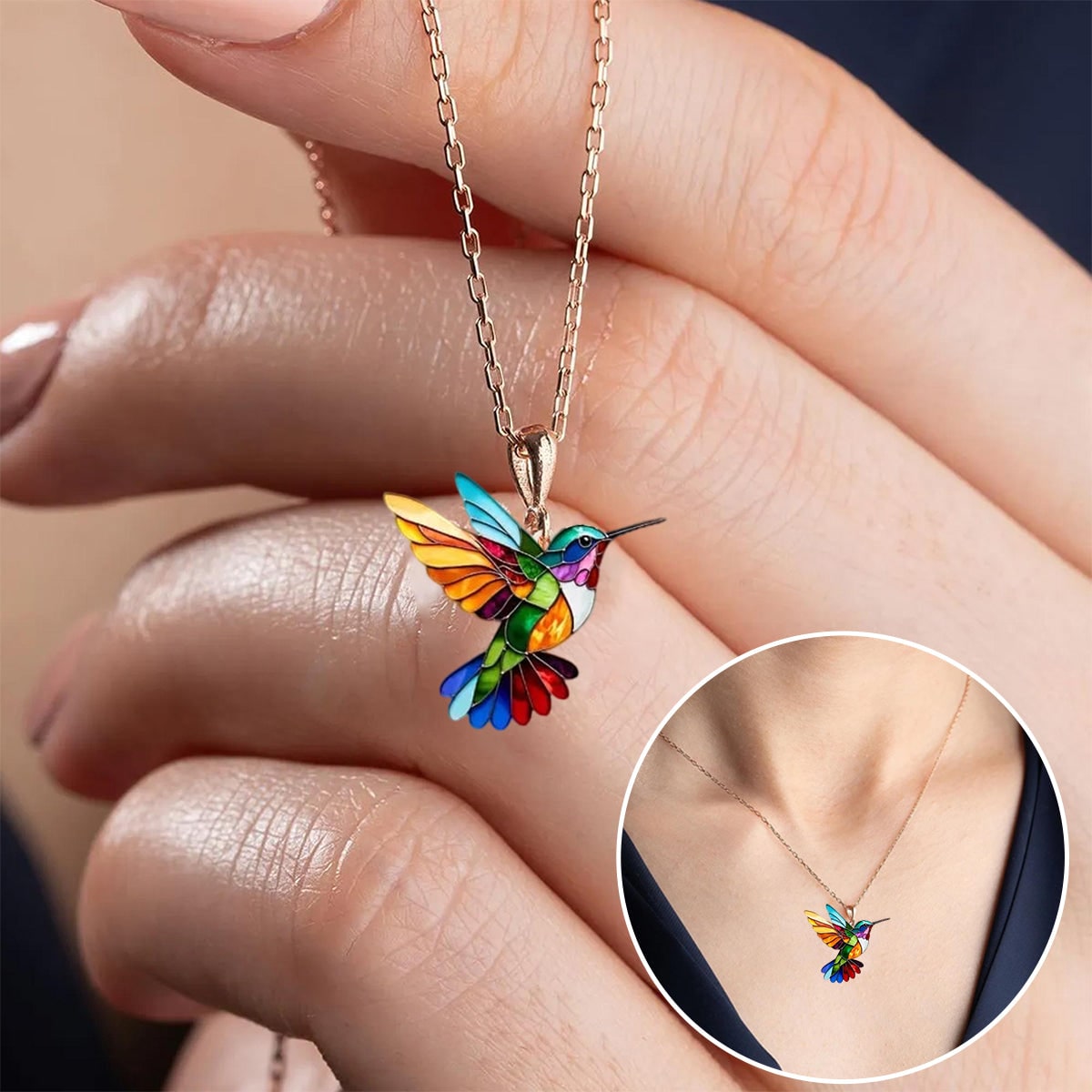 Hummingbird Necklace with Earrings Colorful Gold Pendant Metal Chain Jewelry Set - Image 5