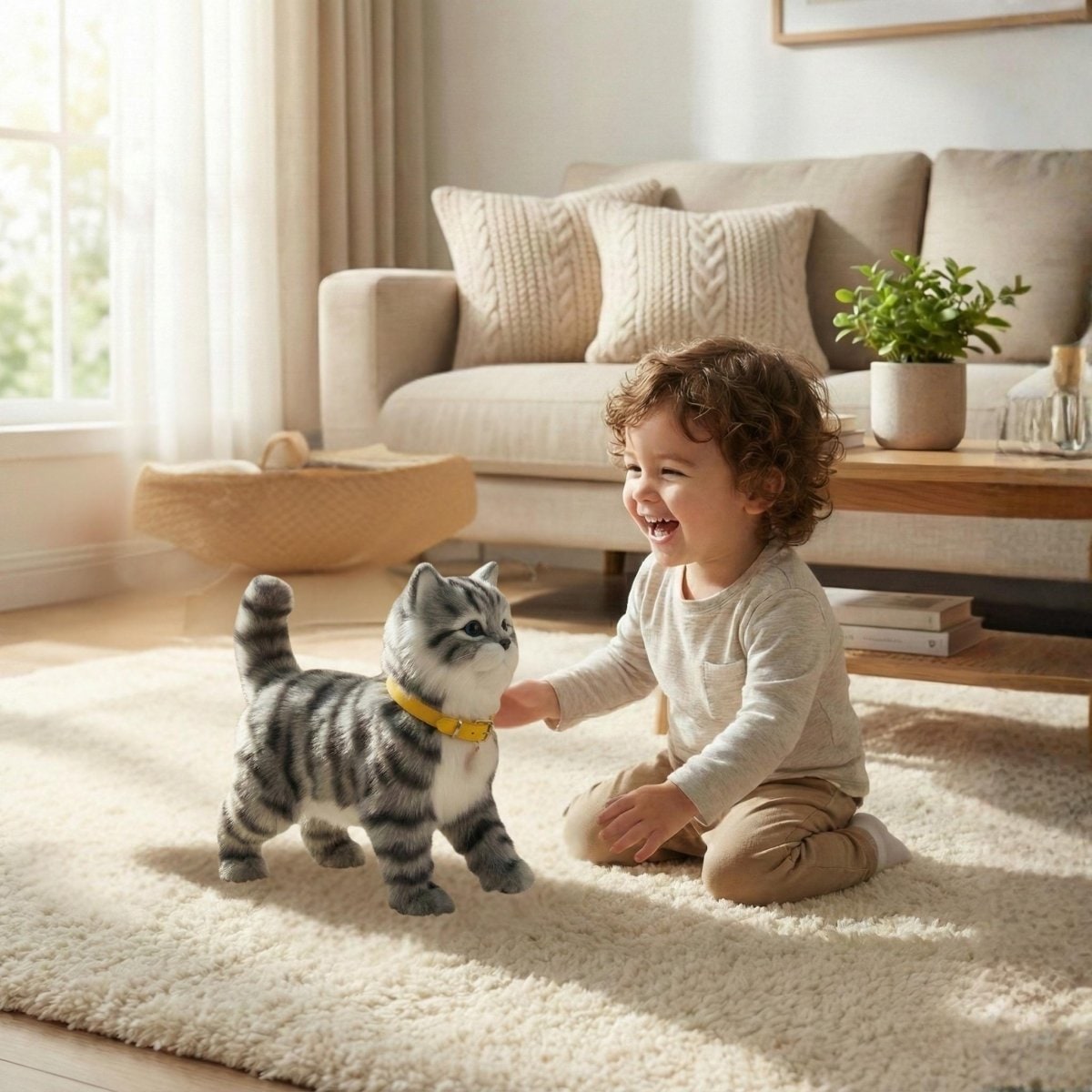 Interactive Toy Cat with Walking and Meowing Action Plush Grey Tabby Electronic Pet - Image 1
