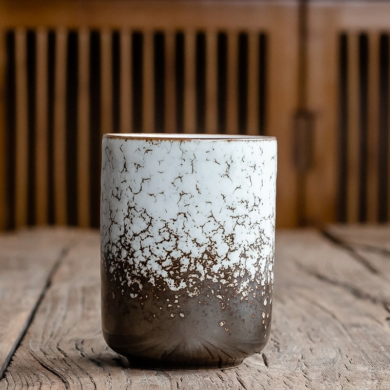 Japanese Ceramic Tea Cup with Crackle Glaze and Tapered Base Handleless Design And Saucers - Image 1