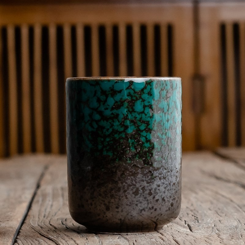 Japanese Ceramic Tea Cup with Crackle Glaze and Tapered Base Handleless Design And Saucers - Image 2