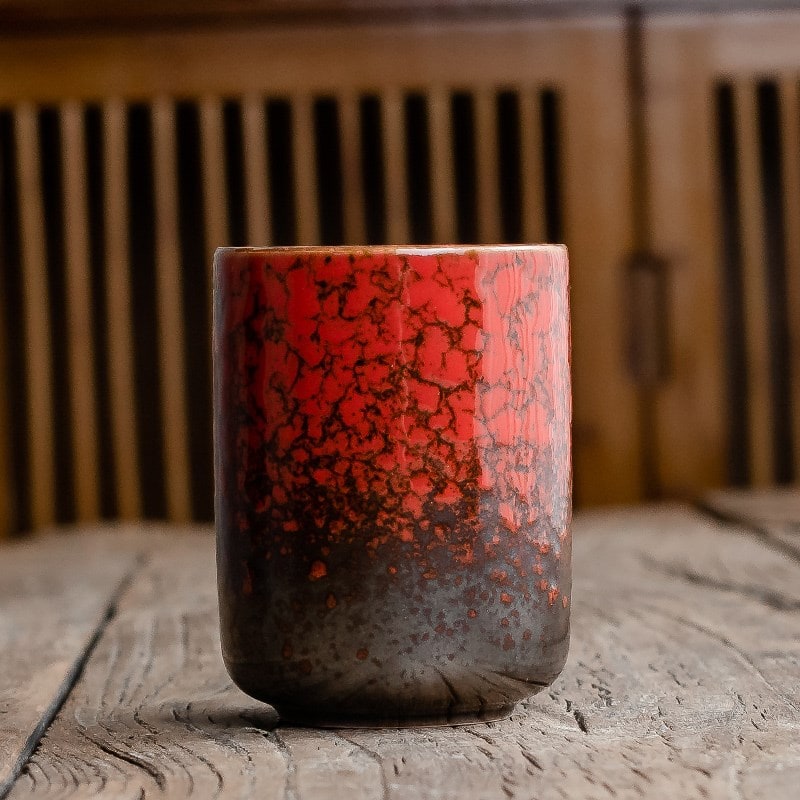 Japanese Ceramic Tea Cup with Crackle Glaze and Tapered Base Handleless Design And Saucers - Image 3