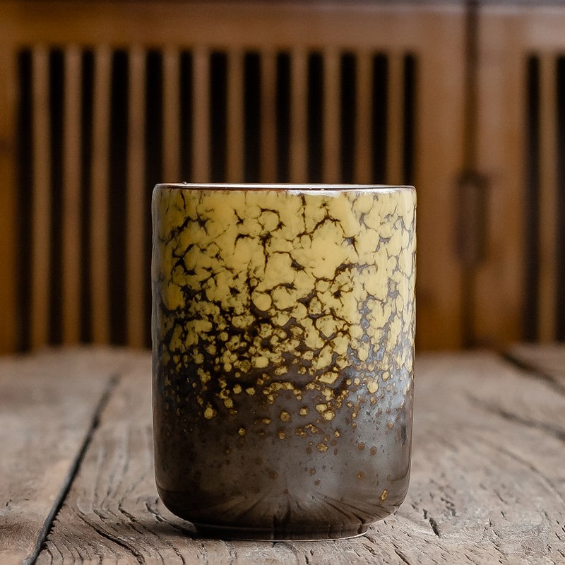 Japanese Ceramic Tea Cup with Crackle Glaze and Tapered Base Handleless Design And Saucers - Image 5