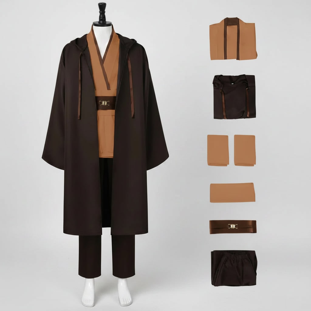 Jedi Costume with Hooded Robe Tunic Pants and Belt for Cosplay - Image 1