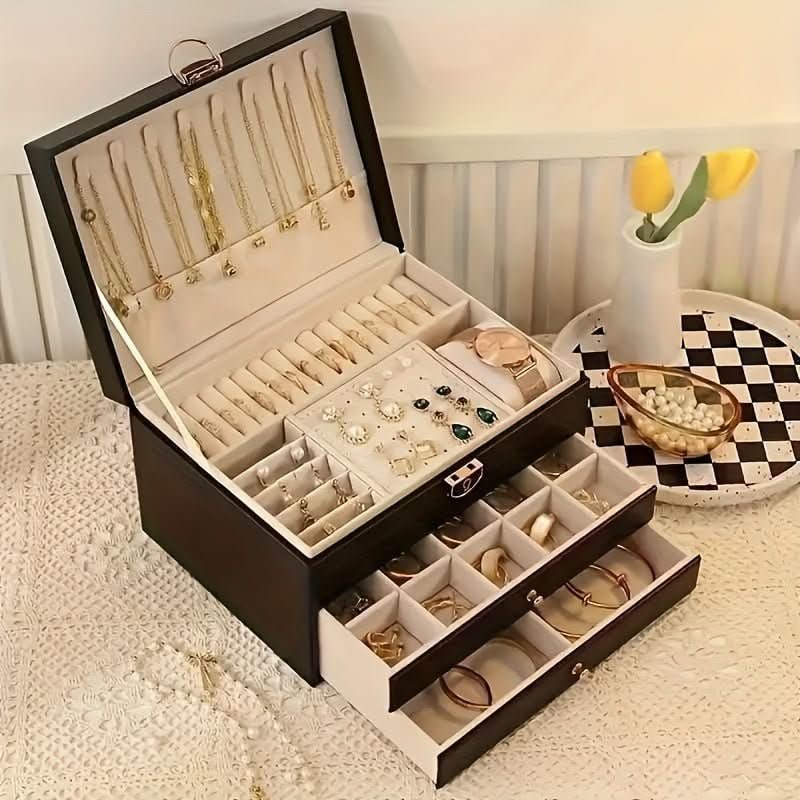 Jewelry Box Organizer with Storage Case Three-Tier Faux Leather with Drawers and Velvet Lining - Image 1