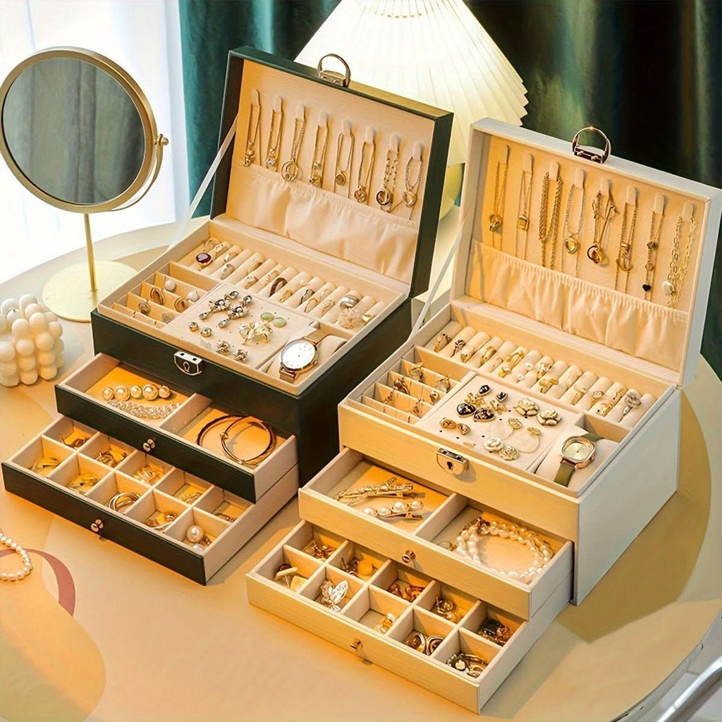Jewelry Box Organizer with Storage Case Three-Tier Faux Leather with Drawers and Velvet Lining - Image 2