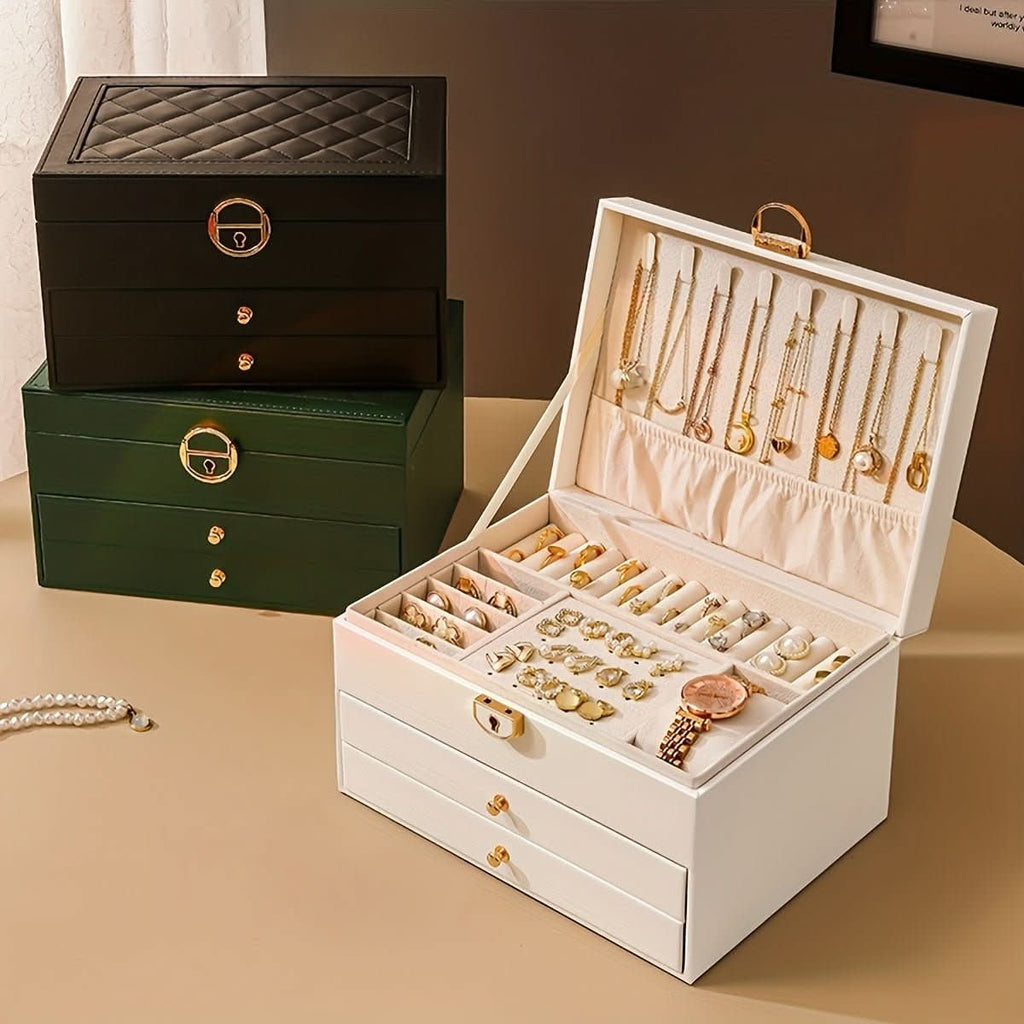 Jewelry Box Organizer with Storage Case Three-Tier Faux Leather with Drawers and Velvet Lining - Image 3