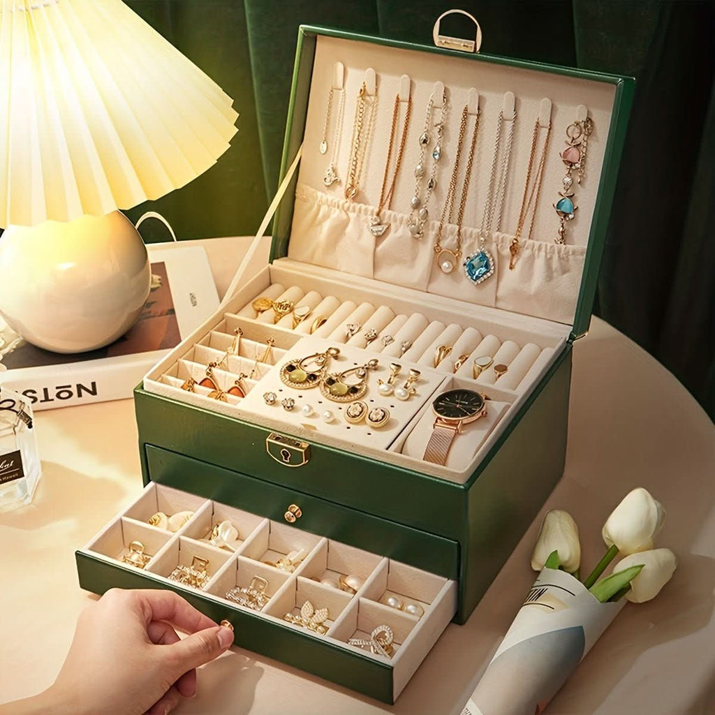 Jewelry Box Organizer with Storage Case Three-Tier Faux Leather with Drawers and Velvet Lining - Image 4