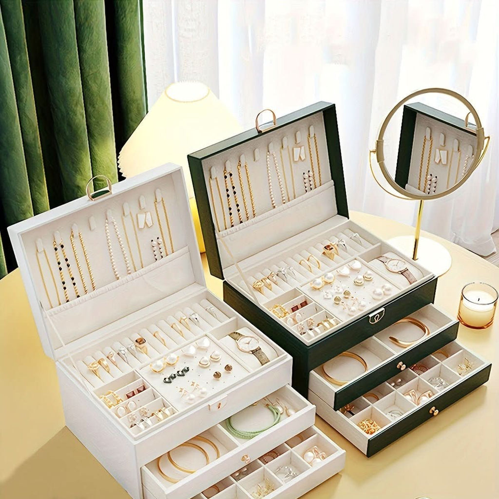 Jewelry Box Organizer with Storage Case Three-Tier Faux Leather with Drawers and Velvet Lining - Image 5