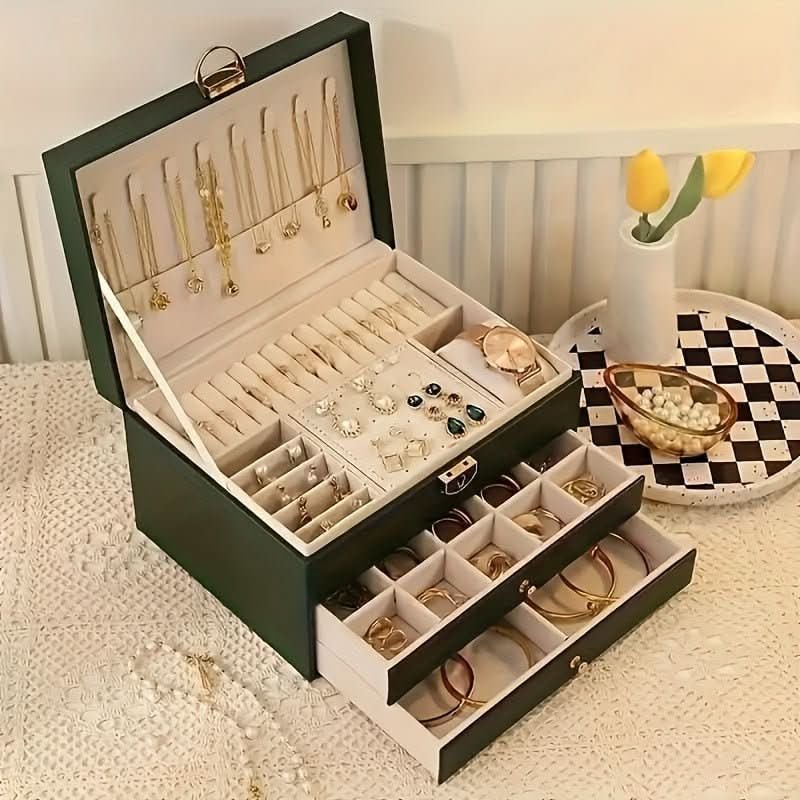 Jewelry Box Organizer with Storage Case Three-Tier Faux Leather with Drawers and Velvet Lining - Image 6