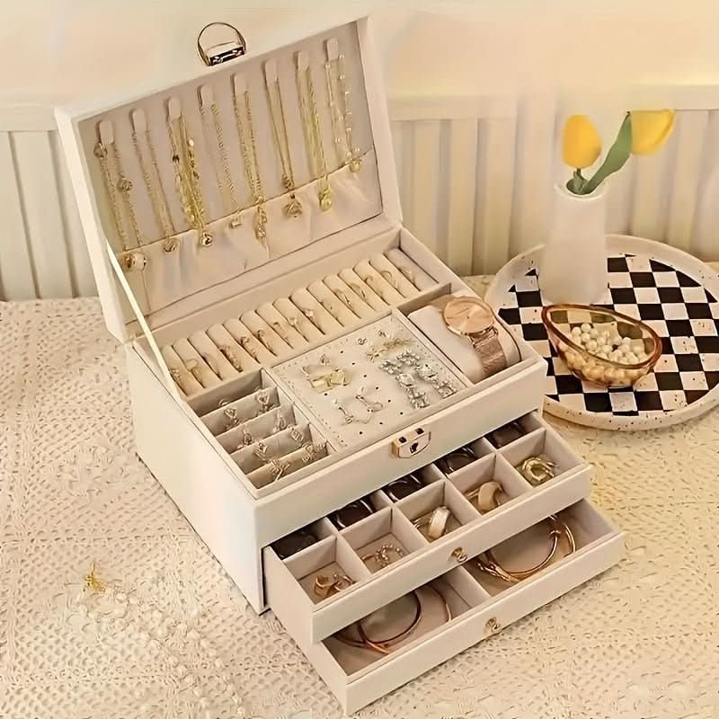 Jewelry Box Organizer with Storage Case Three-Tier Faux Leather with Drawers and Velvet Lining - Image 7