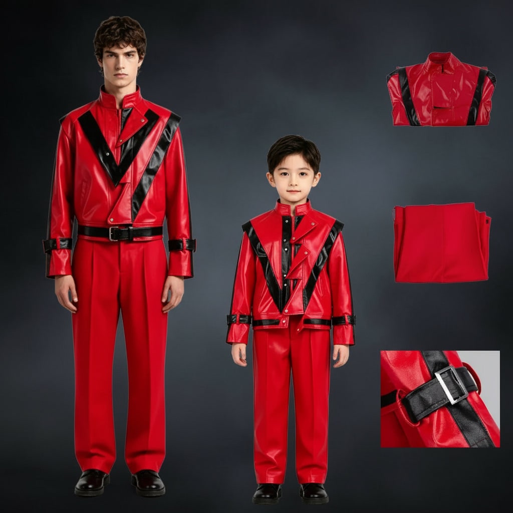 Kids' Cosplay Costume Red and Black Faux Leather Jacket with Pants Two-Piece Set - Image 5