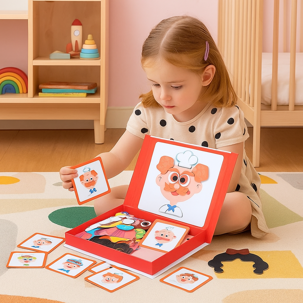 Kids''' Dress Up Dolls Magnetic Face Puzzle Book with Character Cards and Storage - Image 1