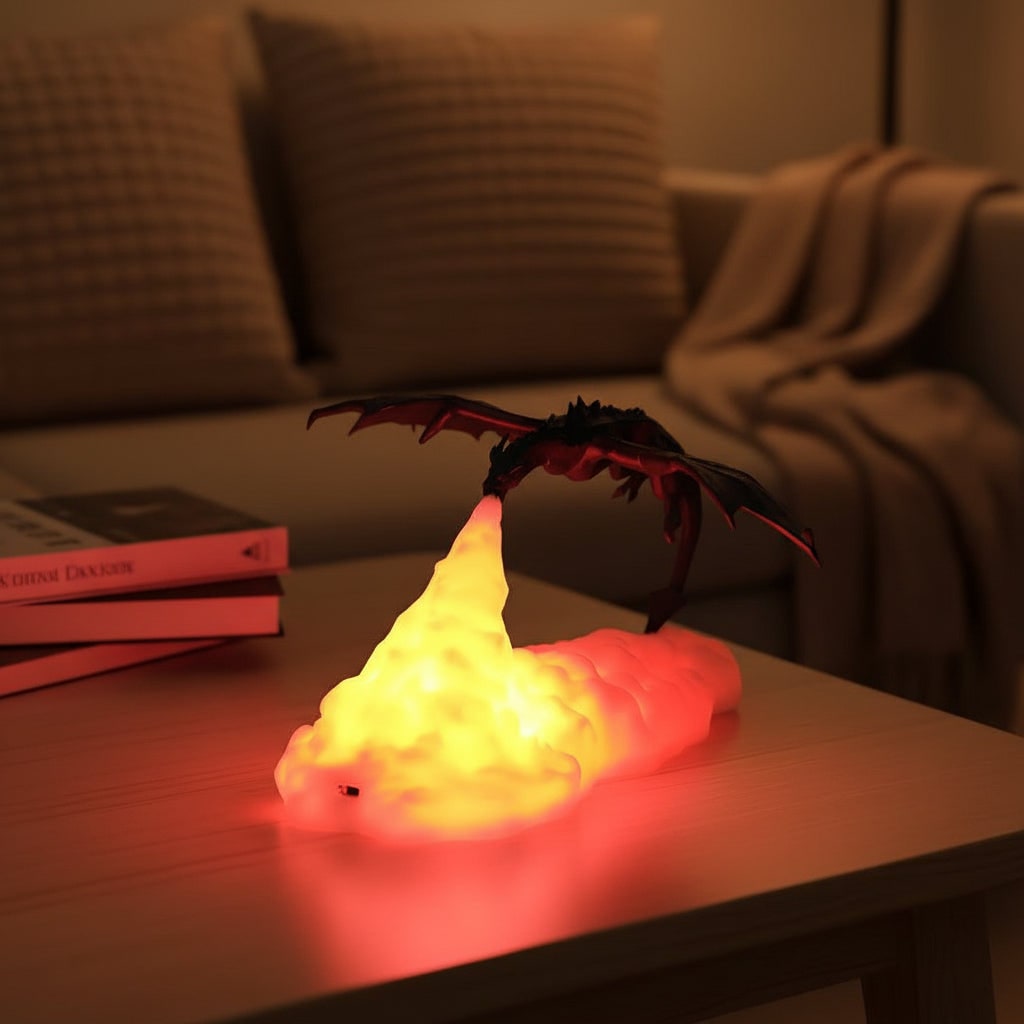 Kids' Halloween 3D Printed Dragon Night Light Lamp with LED Fire Glow Base for Room Decoration - Image 1