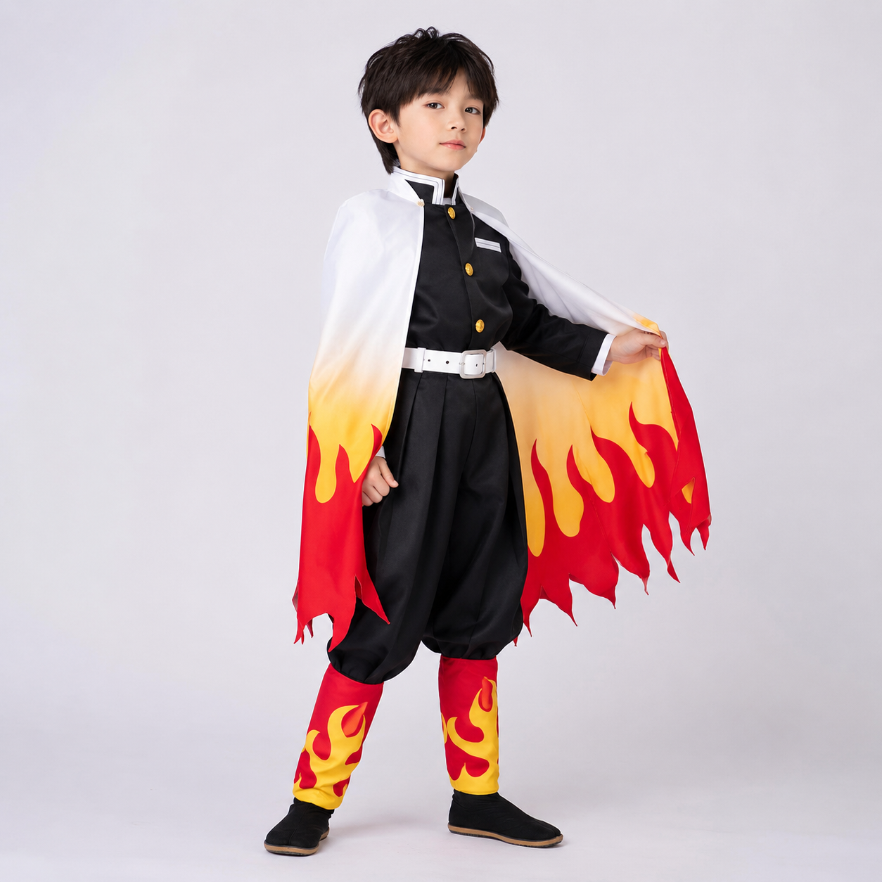 Kids' Halloween Anime Cosplay Costume and Outfits with Flame Pattern Cape Jacket and Leg Wraps - Image 1