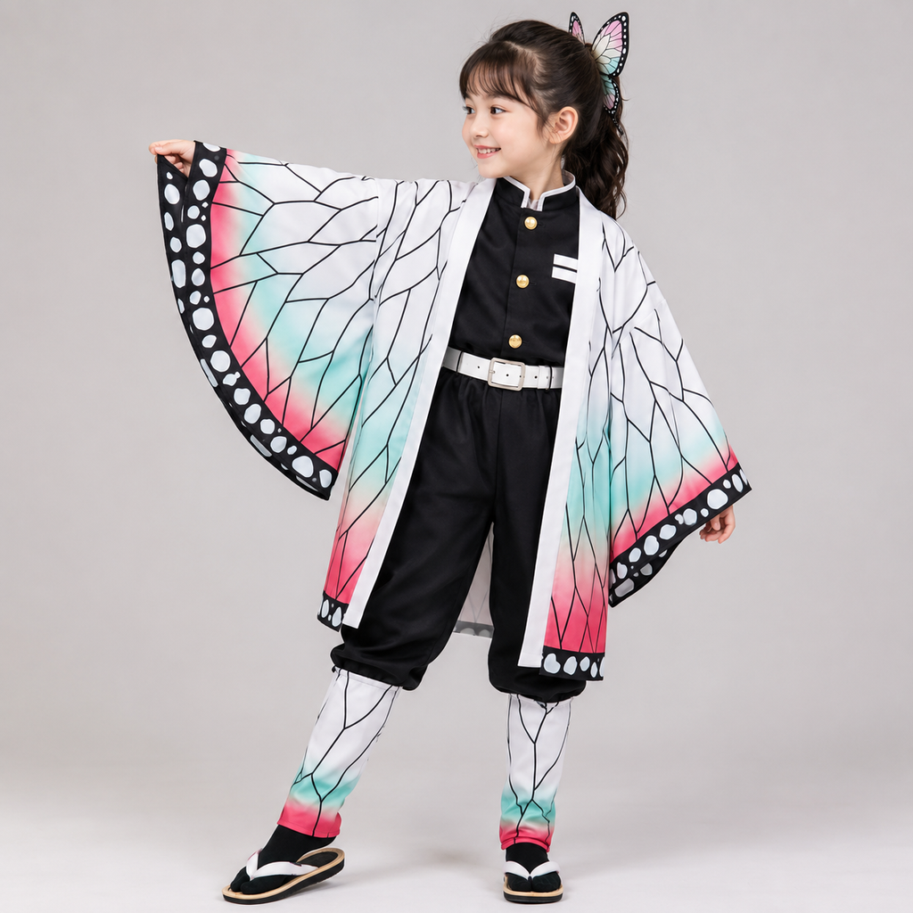 Kids' Halloween Anime Cosplay Costume with Butterfly Kimono Jacket Five-Piece Set - Image 1