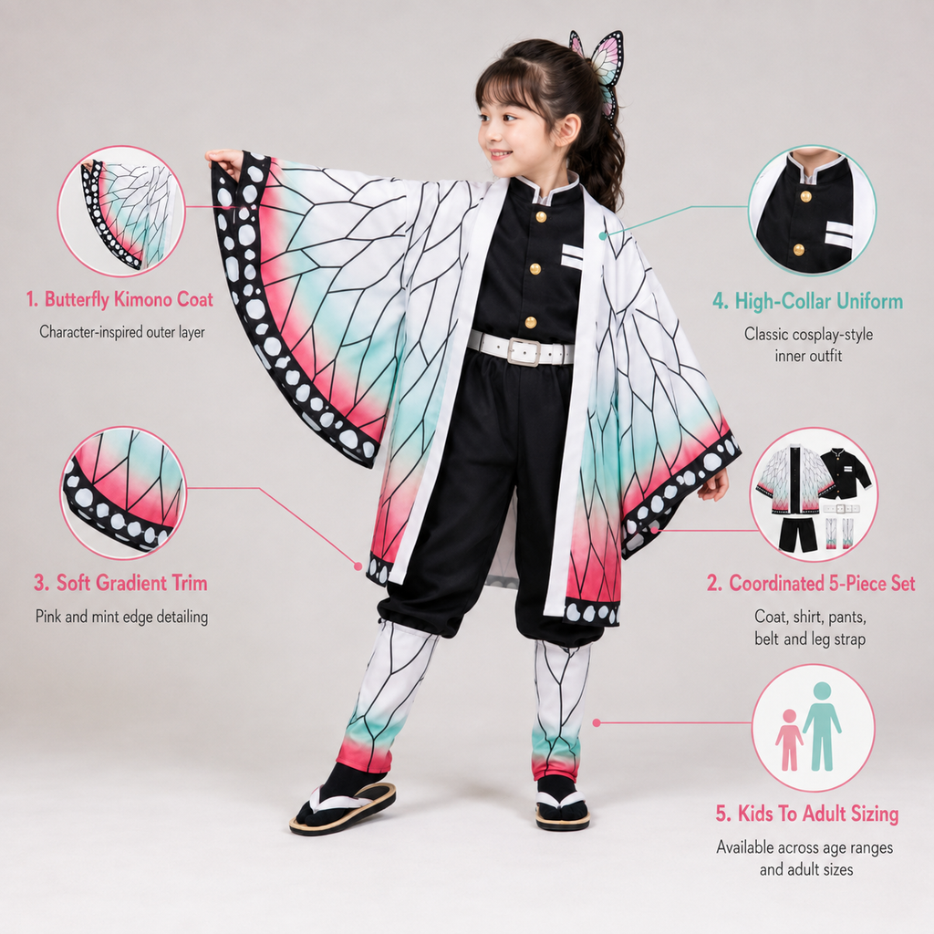 Kids' Halloween Anime Cosplay Costume with Butterfly Kimono Jacket Five-Piece Set - Image 4