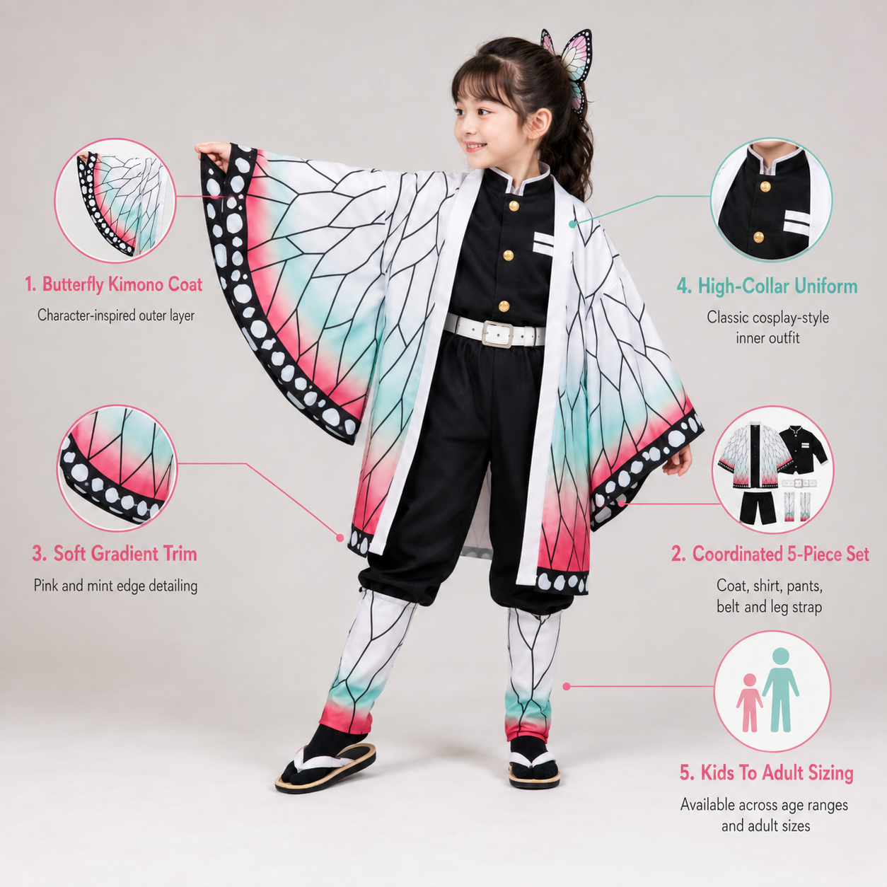 Kids' Halloween Anime Cosplay Costume with Butterfly Kimono Jacket Five-Piece Set - Image 4