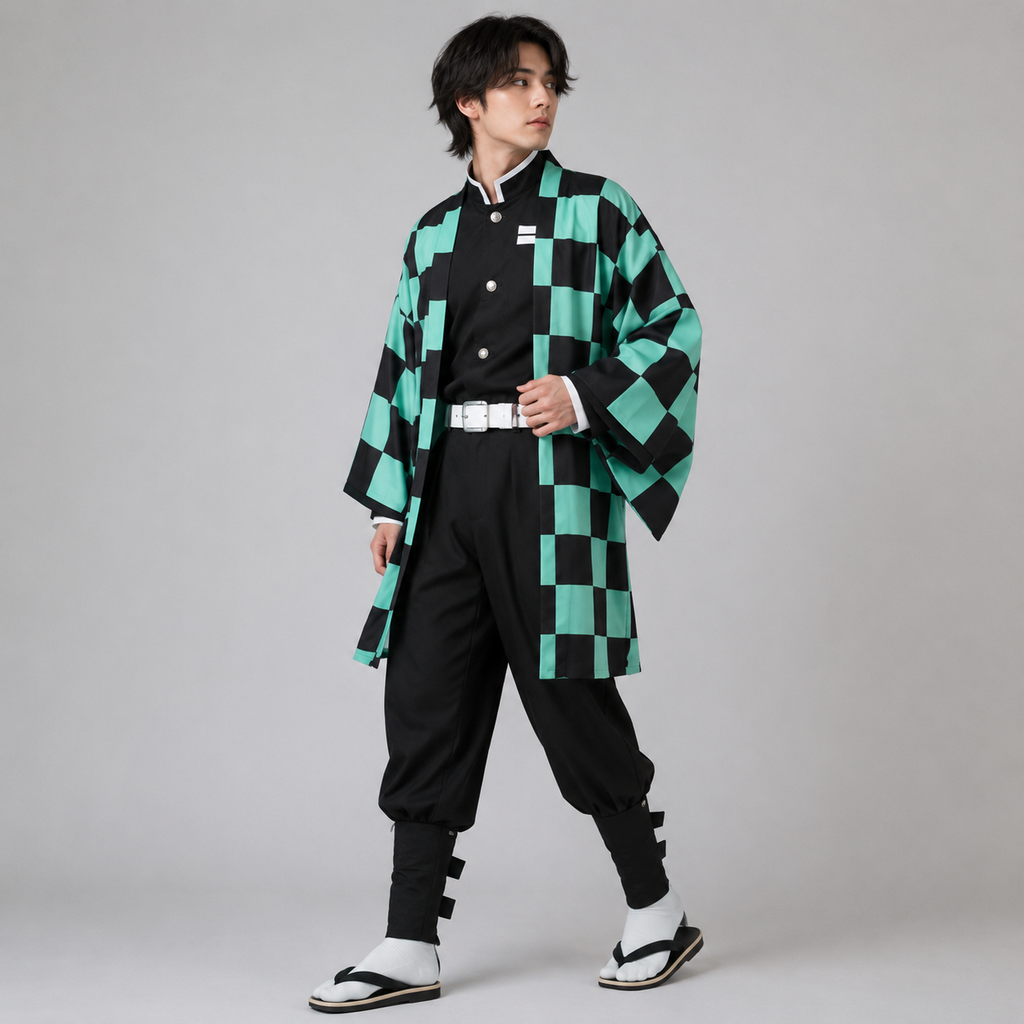 Kids' Halloween Anime Cosplay Costume with Checkered Haori Jacket and Character Accessories for Party - Image 1