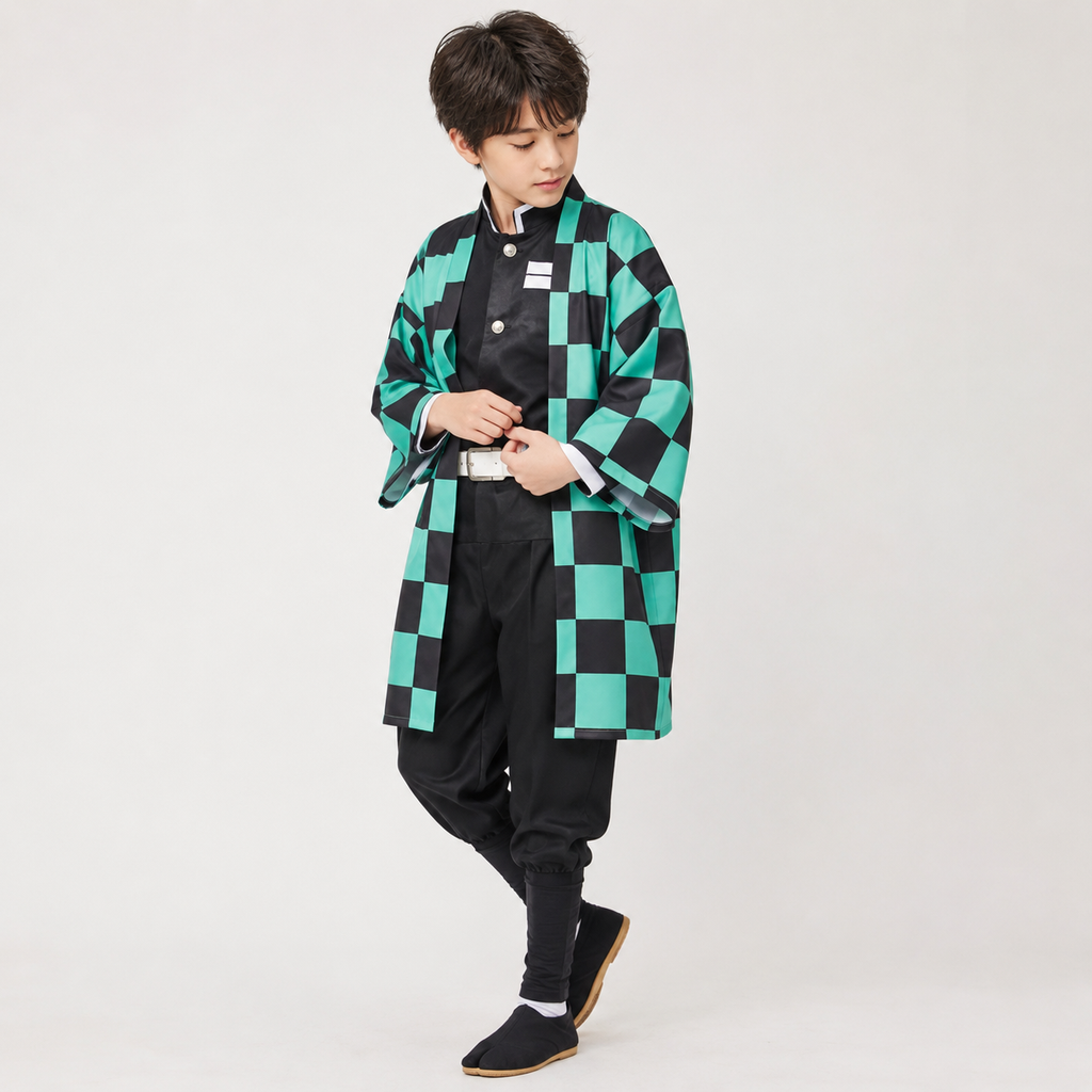 Kids' Halloween Anime Cosplay Costume with Checkered Haori Jacket and Character Accessories for Party - Image 2