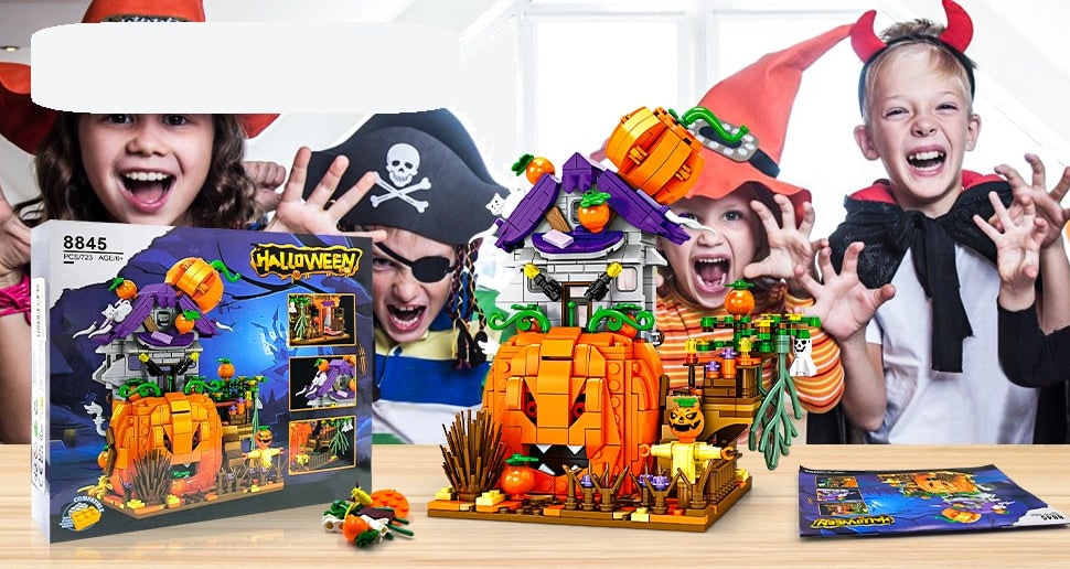 Kids' Halloween Building Blocks Magnetic Tiles Toy Set with Pumpkin House and Spooky Figures - Image 4