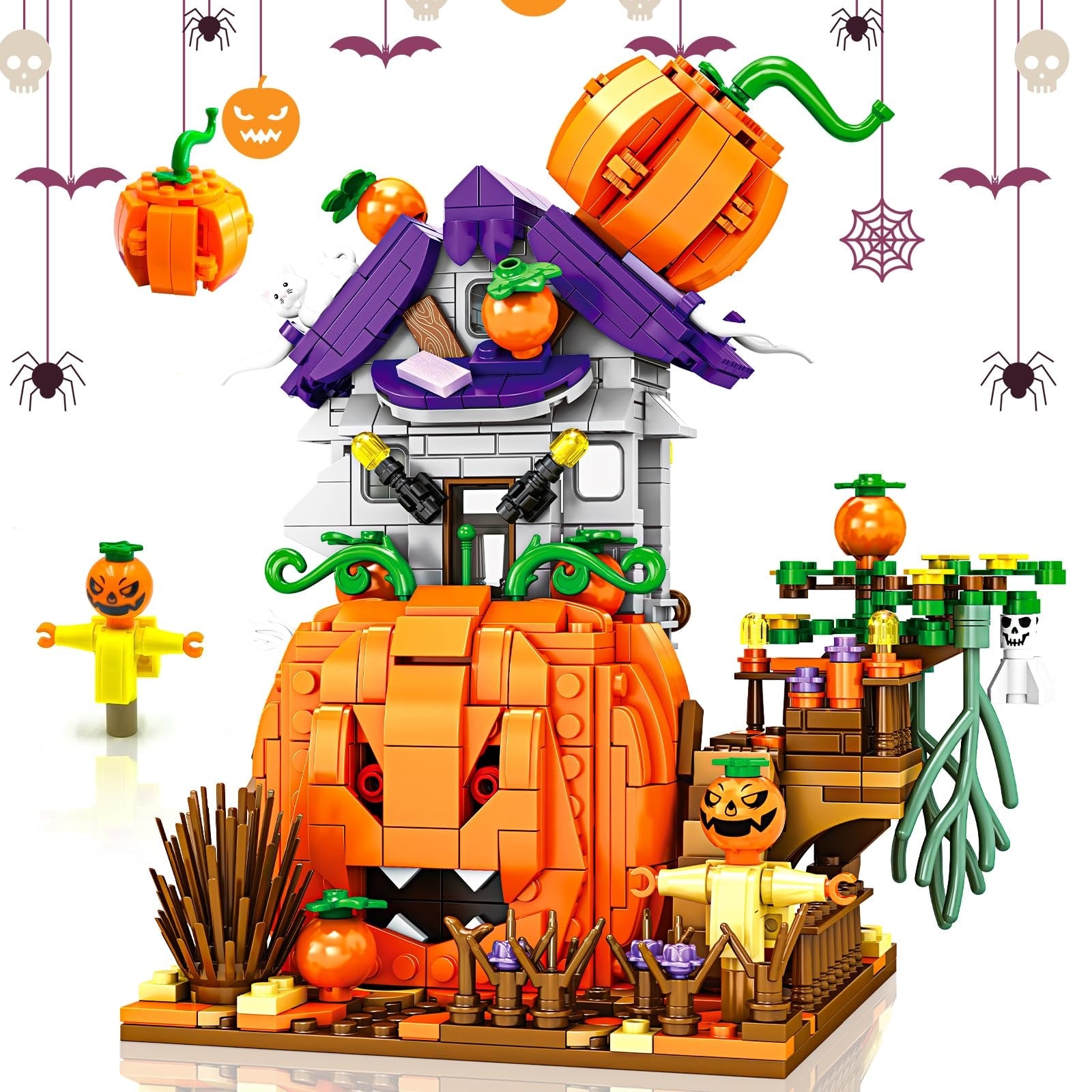 Kids' Halloween Building Blocks Magnetic Tiles Toy Set with Pumpkin House and Spooky Figures - Image 7