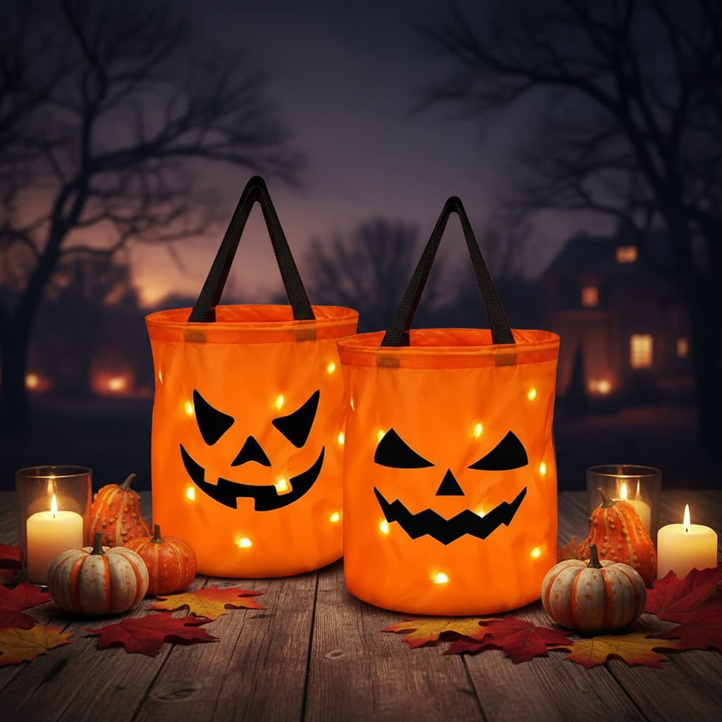Kids' Halloween Candy Bag and Trick or Treat Reusable with LED Pumpkin Lights and Handles for Party Favor - Image 1