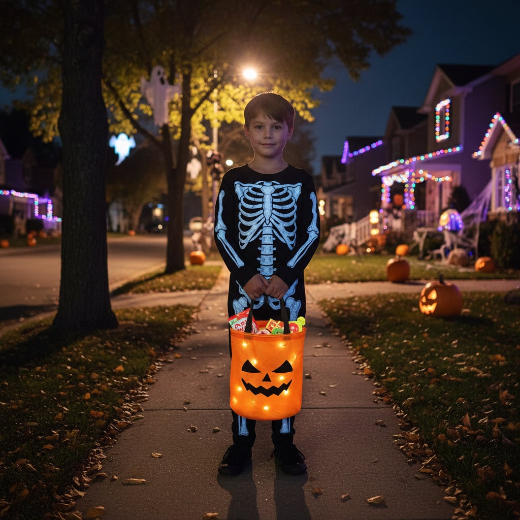 Kids' Halloween Candy Bag and Trick or Treat Reusable with LED Pumpkin Lights and Handles for Party Favor - Image 2