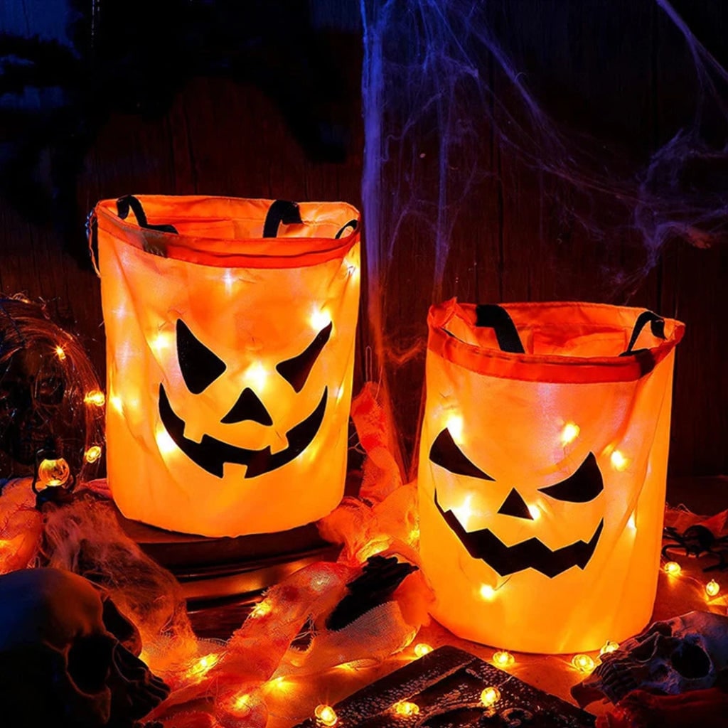 Kids' Halloween Candy Bag and Trick or Treat Reusable with LED Pumpkin Lights and Handles for Party Favor - Image 3