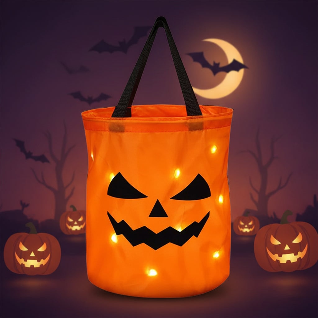 Kids' Halloween Candy Bag Bucket for Trick or Treat with LED Light Up Pumpkin Design - Image 3