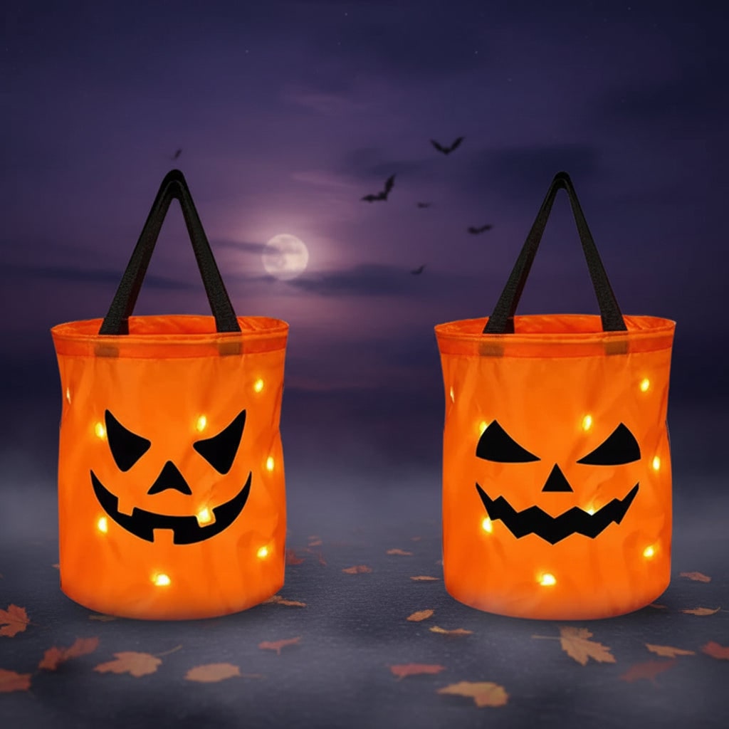 Kids' Halloween Candy Bag Bucket for Trick or Treat with LED Light Up Pumpkin Design - Image 4
