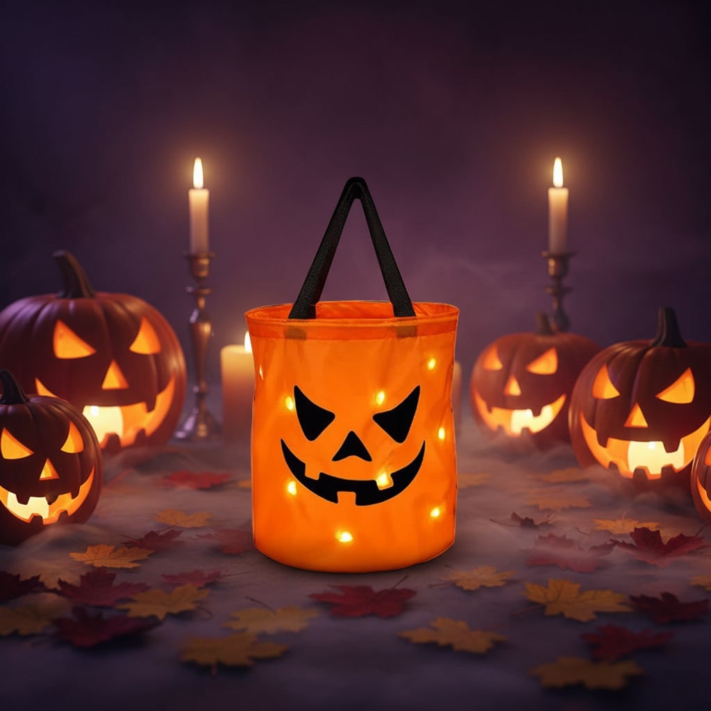 Kids' Halloween Candy Bag Bucket for Trick or Treat with LED Light Up Pumpkin Design - Image 6