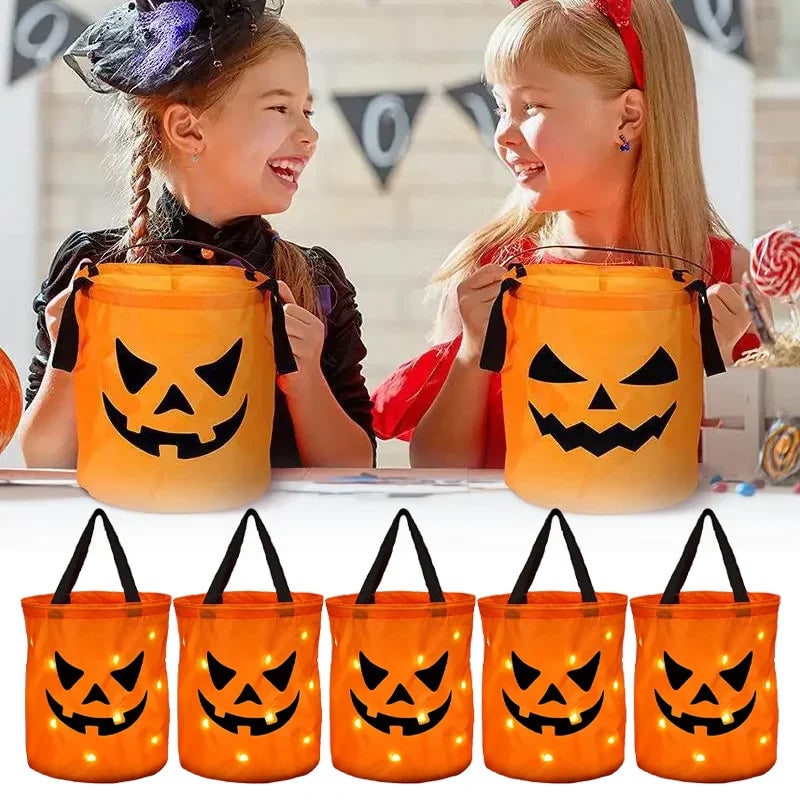 Kids' Halloween Candy Bucket and Bag with LED Light-Up Jack-O'-Lantern Pumpkin Pail for Trick or Treat - Image 1