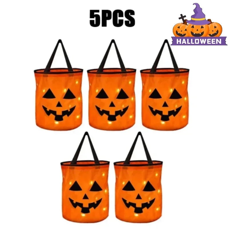 Kids' Halloween Candy Bucket and Bag with LED Light-Up Jack-O'-Lantern Pumpkin Pail for Trick or Treat - Image 10