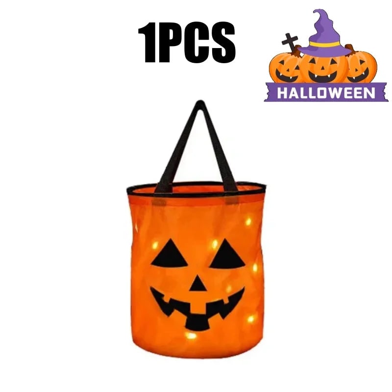Kids' Halloween Candy Bucket and Bag with LED Light-Up Jack-O'-Lantern Pumpkin Pail for Trick or Treat - Image 11