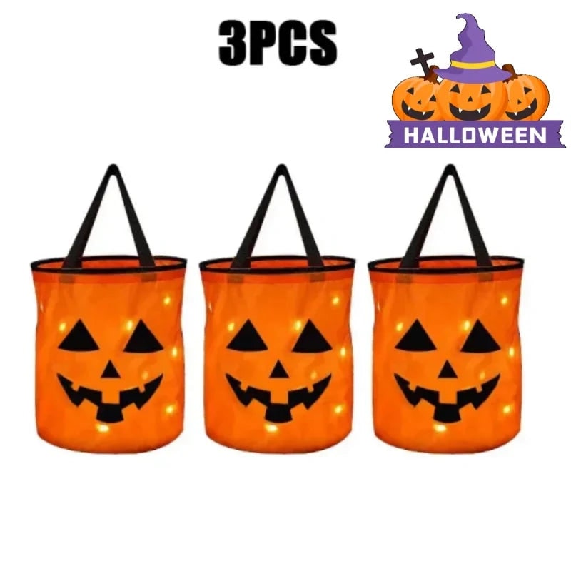 Kids' Halloween Candy Bucket and Bag with LED Light-Up Jack-O'-Lantern Pumpkin Pail for Trick or Treat - Image 9