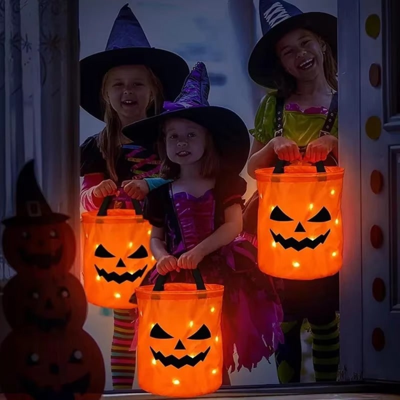 Kids' Halloween Candy Pumpkin Bucket with LED Lights and Handle for Trick or Treat Basket - Image 4