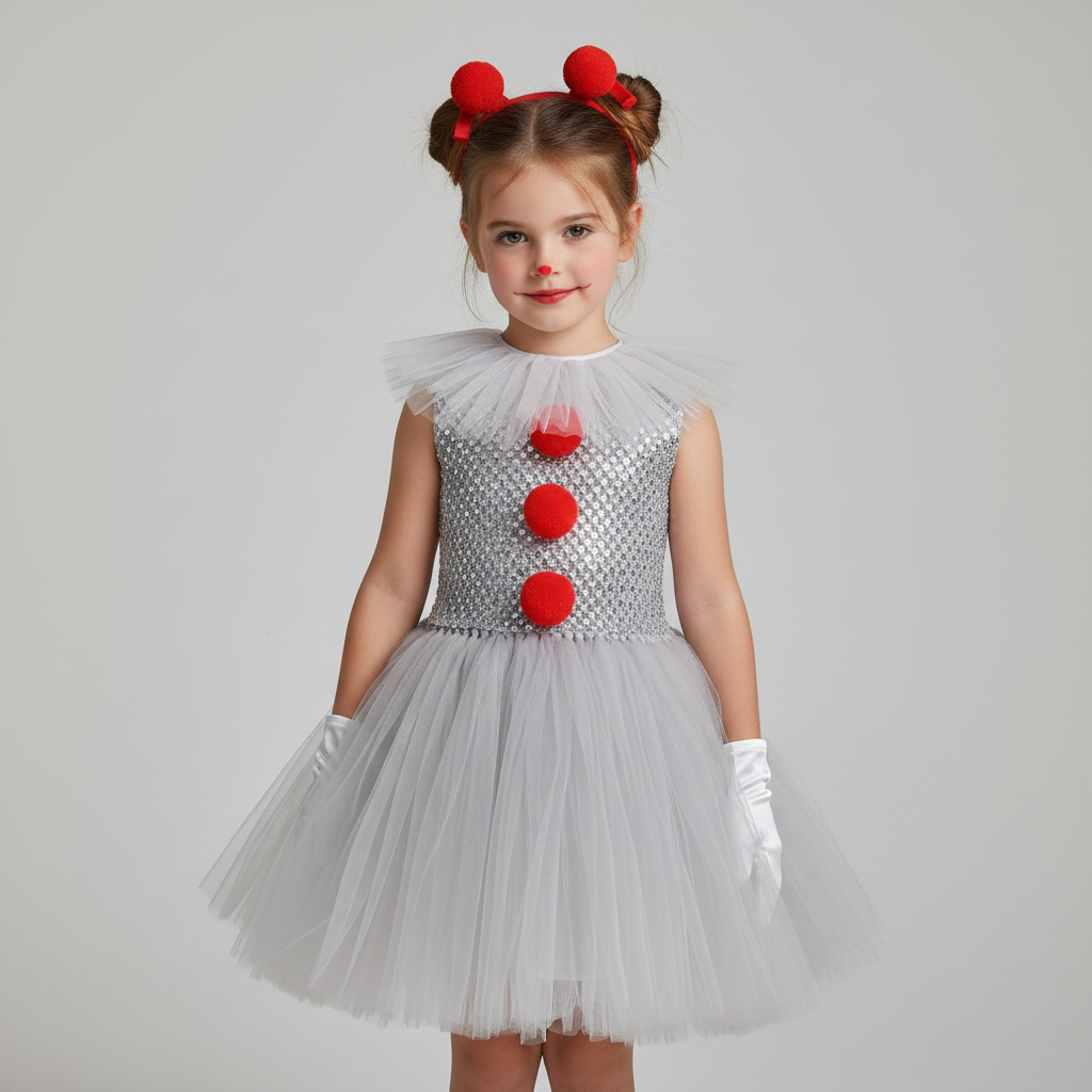 Kids' Halloween Clown Costume Outfit Female with Tutu Dress Hair Clips Gloves and Collar for Party - Image 1