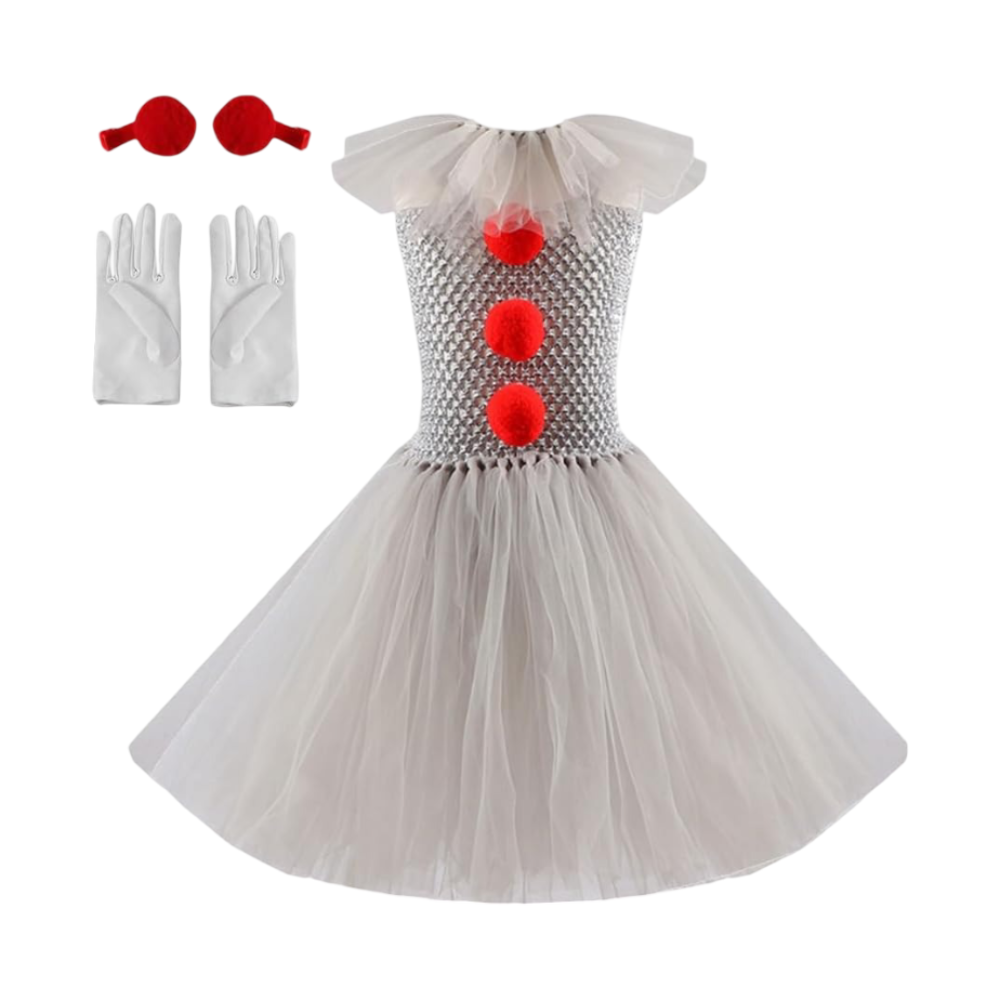 Kids' Halloween Clown Costume Outfit Female with Tutu Dress Hair Clips Gloves and Collar for Party - Image 2
