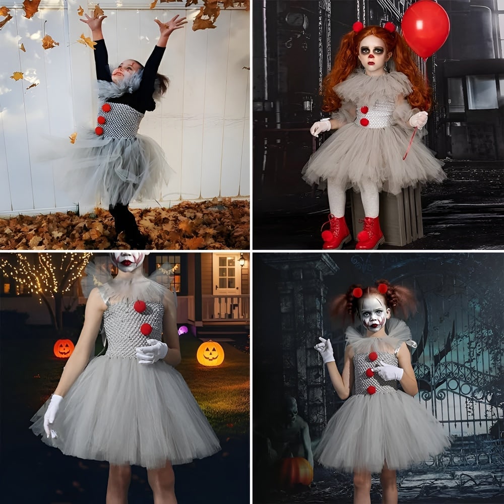Kids' Halloween Clown Costume Outfit Female with Tutu Dress Hair Clips Gloves and Collar for Party - Image 4