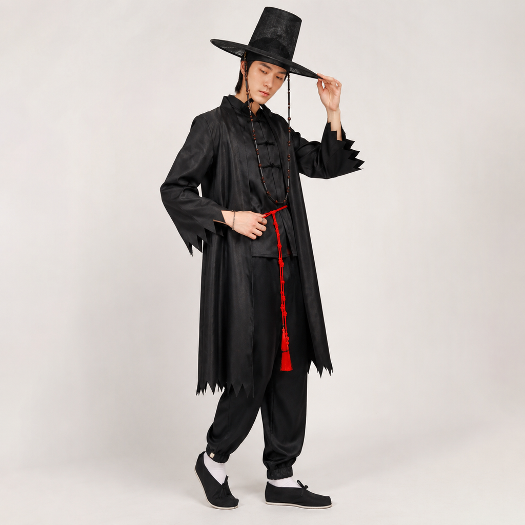 Kids' Halloween Cosplay Costume Korean Traditional Hanbok with Hat Accessories and Silver Chain Details - Image 6