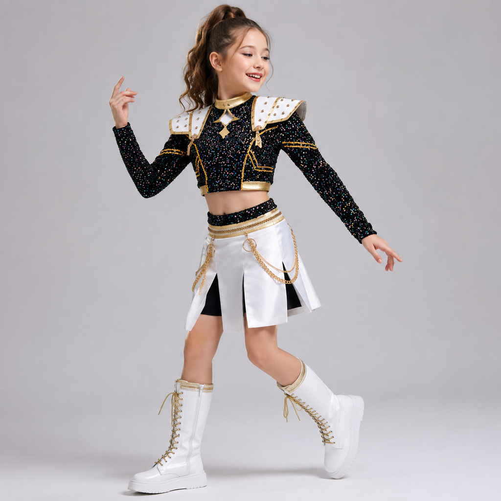 Kids' Halloween Cosplay Costume with Wig Sequined Crop Top Pleated Skirt and Studded Shoulder Armor - Image 1