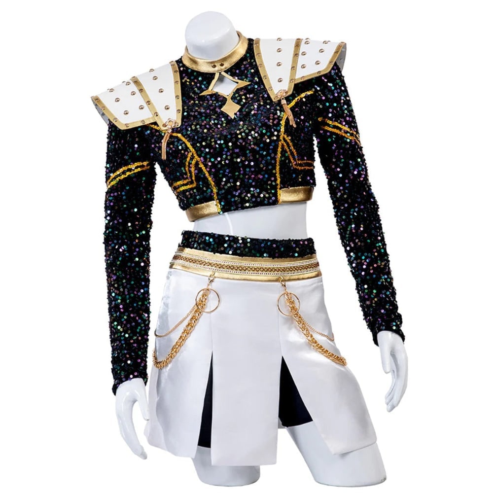 Kids' Halloween Cosplay Costume with Wig Sequined Crop Top Pleated Skirt and Studded Shoulder Armor - Image 3