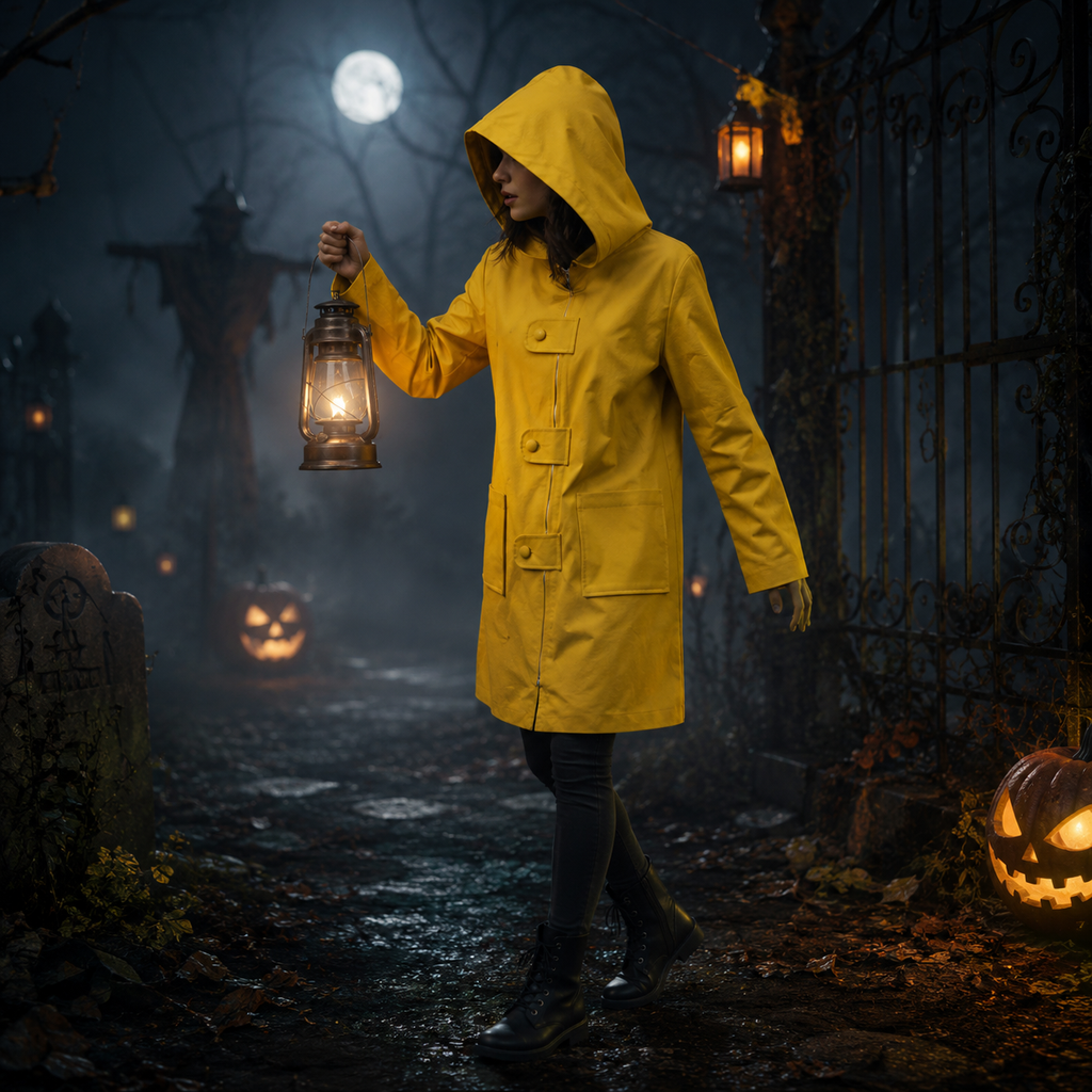 Kids' Halloween Cosplay Costume Yellow Raincoat Jacket with Hooded Design and Front Zipper Closure - Image 2