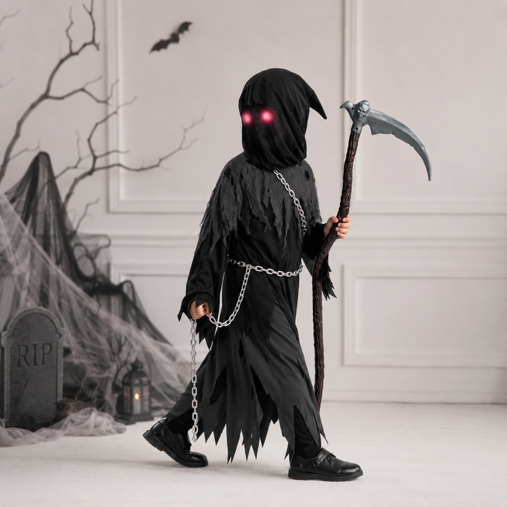 Kids' Halloween Costume Grim Reaper Hooded Robe Set with Glowing Eyes and Toy Scythe - Image 1