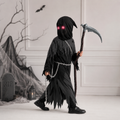 Kids' Halloween Costume Grim Reaper Hooded Robe Set with Glowing Eyes and Toy Scythe - Image 1
